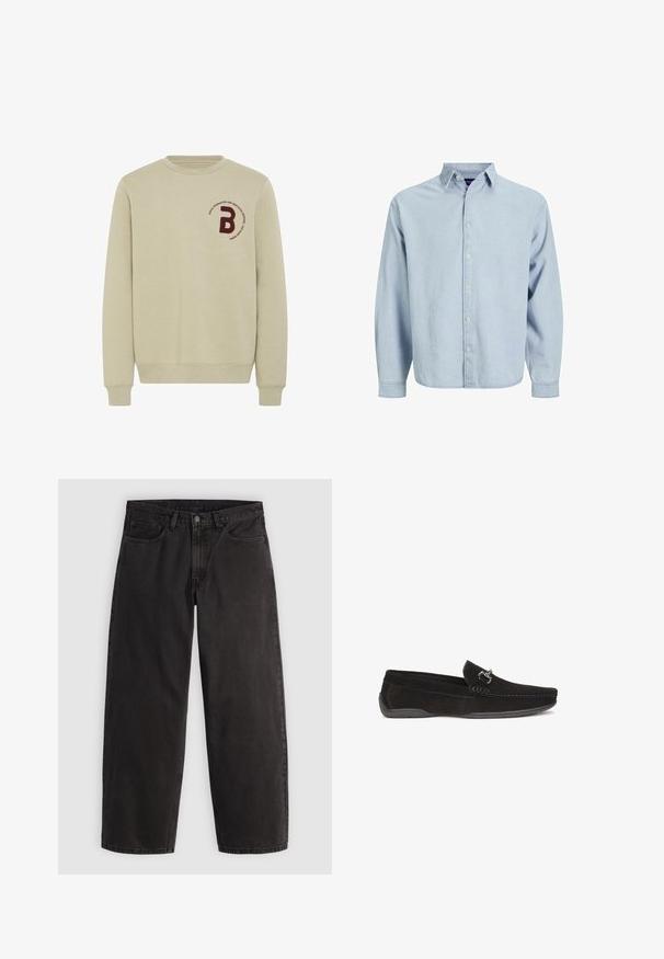 Beige sweatshirt med rund halsudskæring, lange ærmer og ribbede manchetter. Har et bordureret marsal- rødt bogstav 'B' og en cirkulær tekstdetalje.; Lyseblå skjorte med knapper lavet af blødt denimstof. Har krave, lange ærmer og lige kant. Fem knapper foran.; Sorte denimjeans med lige ben, fem lommer og bæltestropper, vist fladt på en ensartet lys baggrund.; Sorte ruskinds loafers med et lavprofil design, der har stikninger og en dekorativ metalaccent på den øverste side.