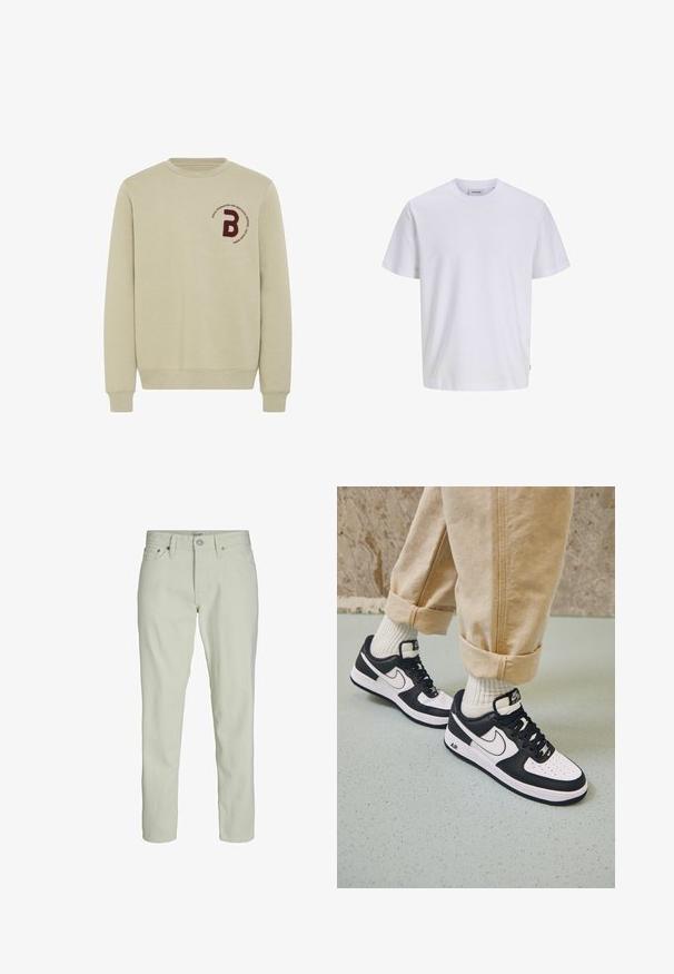 Beige sweatshirt med rund halsudskæring, lange ærmer og ribbede manchetter. Har et bordureret marsal- rødt bogstav 'B' og en cirkulær tekstdetalje.; Enkelt hvid T-shirt med korte ærmer og rund halsåbning, med en lige kant forneden, vist på en hvid baggrund.; Lysmørkeblå jeans lavet af bomuld, med et straight leg design, fem lommer, metalknaplukning og diskrete syninger.; Sorte og hvide Nike Air Force 1 sneakers med læderoverdel, perforeret tå og tekstureret såldetalje, båret med rullede beige bukser og hvide sokker.
