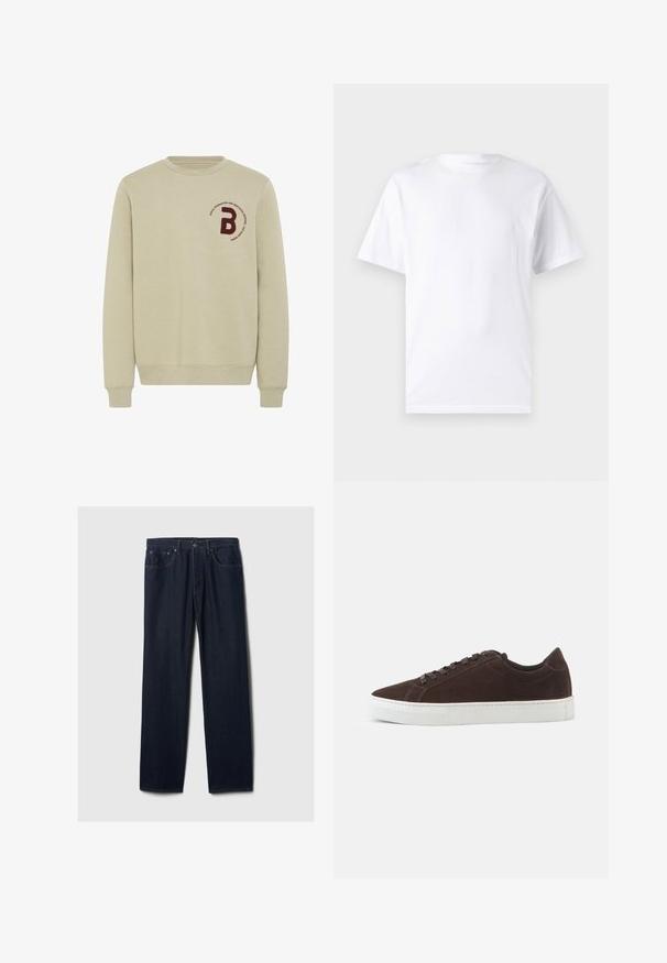 Beige sweatshirt med rund halsudskæring, lange ærmer og ribbede manchetter. Har et bordureret marsal- rødt bogstav 'B' og en cirkulær tekstdetalje.; Hvid kortærmet t-shirt lavet af bomuld med rund hals, der har en glat tekstur og et simpelt design uden mønstre eller accenter.; Mørkeblå lige ben denim jeans med fem lommer, knaplukning og synlig syning på en ensfarvet lys baggrund.; Mørkebrune ruskind lave sneakers med matchende snørebånd og tyk hvid gummisål, vist fra siden på en ensfarvet baggrund.