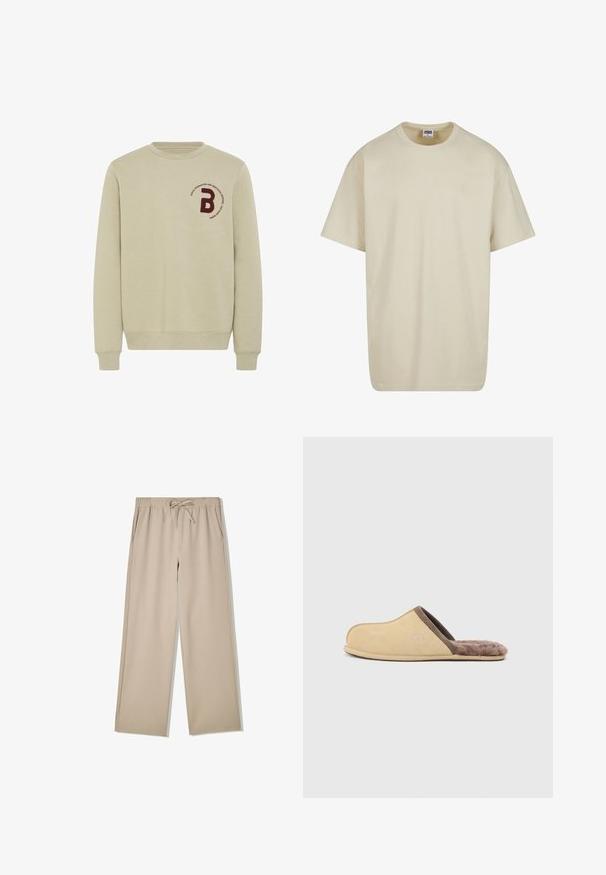 Beige sweatshirt med rund halsudskæring, lange ærmer og ribbede manchetter. Har et bordureret marsal- rødt bogstav 'B' og en cirkulær tekstdetalje.; Lysebeige bomulds-T-shirt med korte ærmer, rund halsudskæring og løs pasform. Stoffet fremstår glat uden synlige mønstre eller accenter.; Beige bukser med vidde i benene, elastisk talje og snor, med sidelommer, lagt fladt på hvid baggrund.; Beige slip-on hjemmesko med brun kant og blødt pelsfor, flad sål og lukket tå, set fra siden på ensfarvet lyst baggrund.