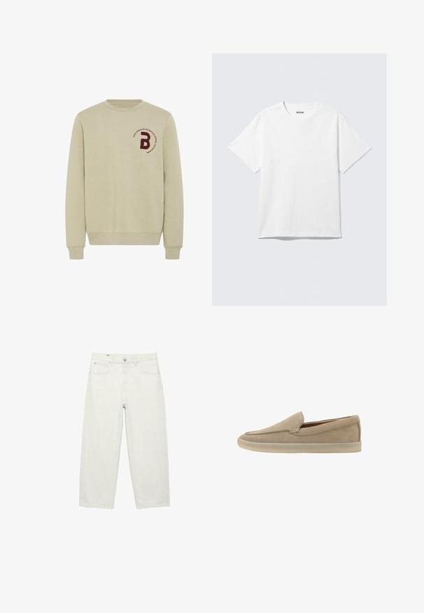 Beige sweatshirt med rund halsudskæring, lange ærmer og ribbede manchetter. Har et bordureret marsal- rødt bogstav 'B' og en cirkulær tekstdetalje.; Hvid kortærmet crewneck T-shirt lagt fladt ud, ensfarvet design, med "WEEKDAY" mærkat inde i kraven på en lys baggrund.; Hvide jeans med lige ben, forlommer, bæltestropper og knaplukning, lagt fladt på en hvid baggrund.; Beige ruskind slip-on loafer med en lysfarvet gummisål, lav hæl og diskrete syningsdetaljer langs øverste kant.