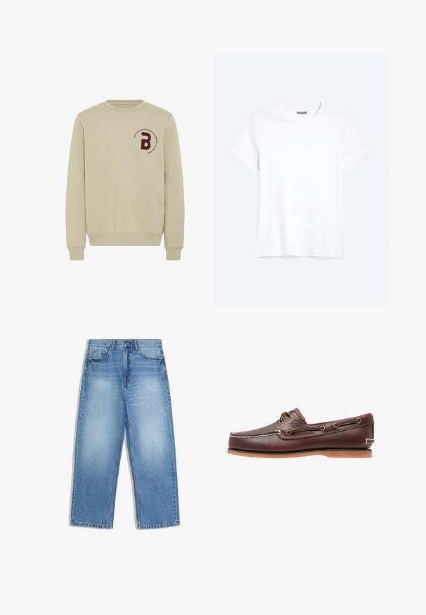 Beige sweatshirt med rund halsudskæring, lange ærmer og ribbede manchetter. Har et bordureret marsal- rødt bogstav 'B' og en cirkulær tekstdetalje.; Enkelt hvid T-shirt med korte ærmer og rund hals med synligt WEEKDAY-mærke i kraven, vist på en lys baggrund.; Lyseblå denimjeans med høj talje, lige brede ben, forlommer og knaplukning.; Brun læder bådsko med hvide sømme, snøre detaljer og lysbrun gummisål, vist fra siden på hvid baggrund.