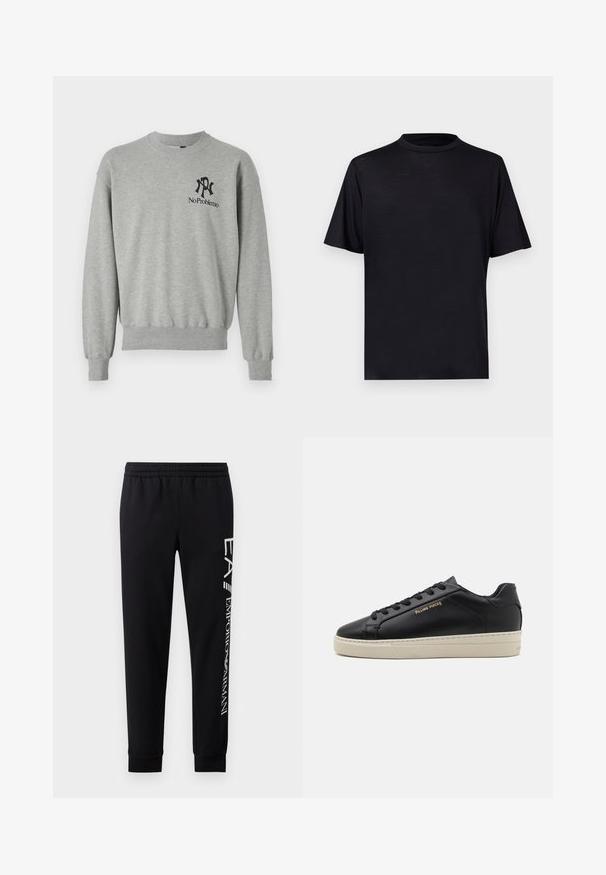 Grå sweatshirt med rund hals, ribbede manchetter og kant. Har sorte grafikker: et "R" og "No Problemo" på venstre brystområde.; Sort T-shirt med korte ærmer og høj hals, lavet af en glat, letvægtsstof, med et minimalistisk design uden mønstre eller detaljer.; Sorte sweatpants lavet af en bomuldsblanding, med elastisk talje, smalle ben, ribbede manchetter og hvidt logo print langs siden.; Sorte lædersneakers med en glat finish, kontrasterende cremefarvet sål, rund tå, guld logo på siden og seks huller til snørebånd.