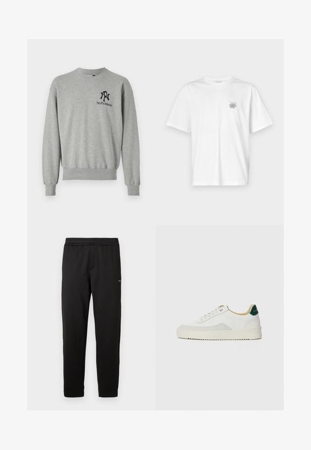 Grå sweatshirt med rund hals, ribbede manchetter og kant. Har sorte grafikker: et "R" og "No Problemo" på venstre brystområde.; Hvid t-shirt lavet af bomuld med korte ærmer, rund halsudskæring og et lille gråt logo på venstre brystområde. Glat tekstur.; Sorte atletikbukser lavet af blødt stof. Elastisk linning og manchetter. Har en lille logo på siden. Design med lige ben.; Hvide sneakers med ruskindsdetaljer, rund tå, flade snørebånd og en cremet gummisål. Har grøn branding på hælen.