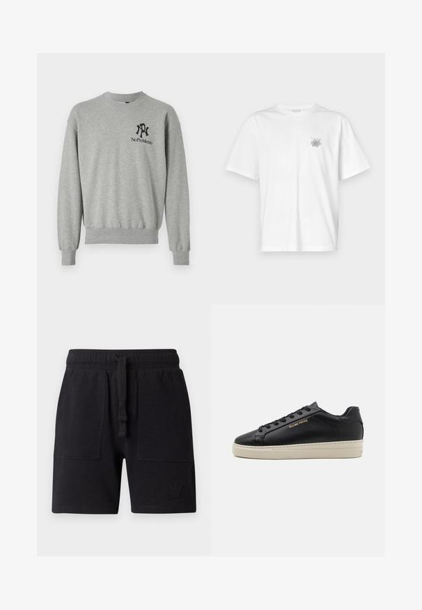 Grå sweatshirt med rund hals, ribbede manchetter og kant. Har sorte grafikker: et "R" og "No Problemo" på venstre brystområde.; Hvid t-shirt lavet af bomuld med korte ærmer, rund halsudskæring og et lille gråt logo på venstre brystområde. Glat tekstur.; Sorte shorts lavet af bomuldsblanding, med elastisk talje og snor, to sidelommer og en lille logo-detalje.; Sorte lædersneakers med en glat finish, kontrasterende cremefarvet sål, rund tå, guld logo på siden og seks huller til snørebånd.