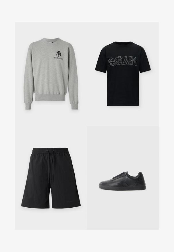 Sweatshirt gris à col ras du cou, avec des poignets et un ourlet côtelés. Présente des graphismes noirs : un "R" et "No Problemo" au niveau de la poitrine gauche.; T-shirt noir à manches courtes avec un graphisme blanc style glitch représentant des maisons sur la poitrine, sur fond uni.; Shorts noirs en tissu léger avec une surface texturée, dotés d'une taille élastique et de cordons de serrage pour un ajustement réglable.; Chaussure de sport en cuir noir avec une finition lisse, bout arrondi, panneau latéral texturé et lacets noirs. Présente une semelle en caoutchouc plate et un design minimaliste.