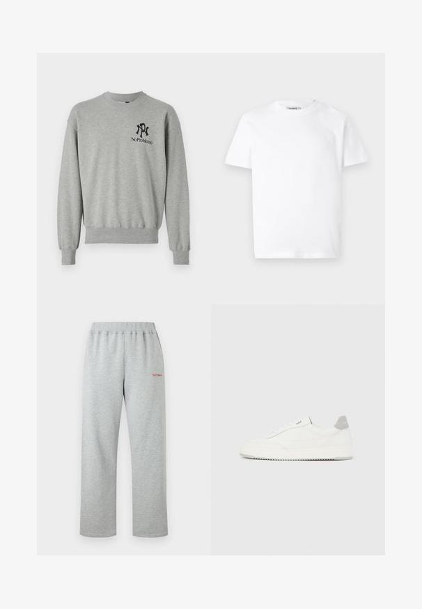 Grå sweatshirt med rund hals, ribbede manchetter og kant. Har sorte grafikker: et "R" og "No Problemo" på venstre brystområde.; Hvid bomulds T-shirt med rund hals og korte ærmer. Har et lille, præget logo på venstre bryst. Glat tekstur.; Lysegrå joggingbukser med elastisk talje og lille rød tekst "No Problemo" på det øverste venstre lår.; Hvid lavtop-sneaker med gråt hælflig, hvide snørebånd og tekstureret sål, vist på en ensfarvet lys baggrund.