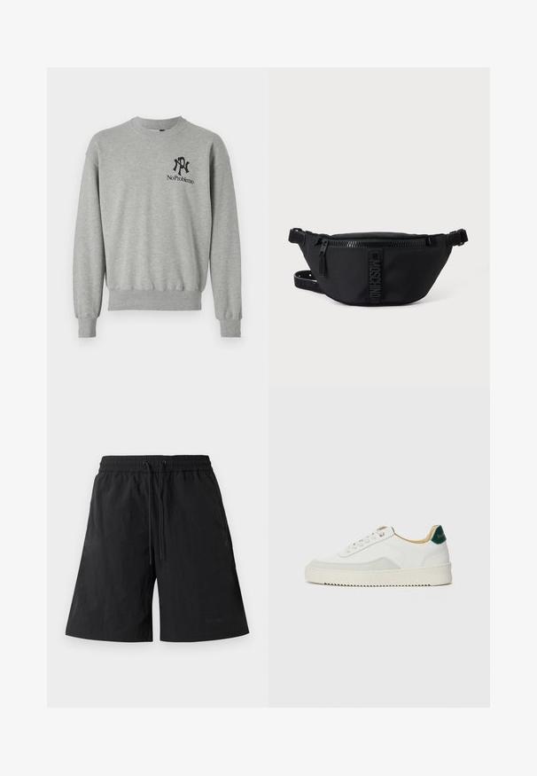 Grå sweatshirt med rund hals, ribbede manchetter og kant. Har sorte grafikker: et "R" og "No Problemo" på venstre brystområde.; Sorte shorts lavet af letvægtsstof med en tekstureret overflade, udstyret med elastisk talje og snore til justerbar pasform.; Hvide sneakers med ruskindsdetaljer, rund tå, flade snørebånd og en cremet gummisål. Har grøn branding på hælen.; Sort Moschino bæltetaske med frontlynlås og justerbar rem på en ensfarvet lys baggrund.