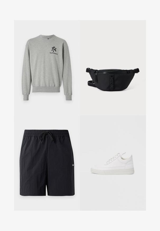 Grå sweatshirt med rund hals, ribbede manchetter og kant. Har sorte grafikker: et "R" og "No Problemo" på venstre brystområde.; Sorte badeshorts lavet af struktureret stof, med elastisk talje med snor og et lille logo på siden.; Hvid lædersneaker med rundet tå, flad sål og snørebånd foran. Har syningsdetaljer og polstret krave for komfort.; Sort Moschino bæltetaske med frontlynlås og justerbar rem på en ensfarvet lys baggrund.