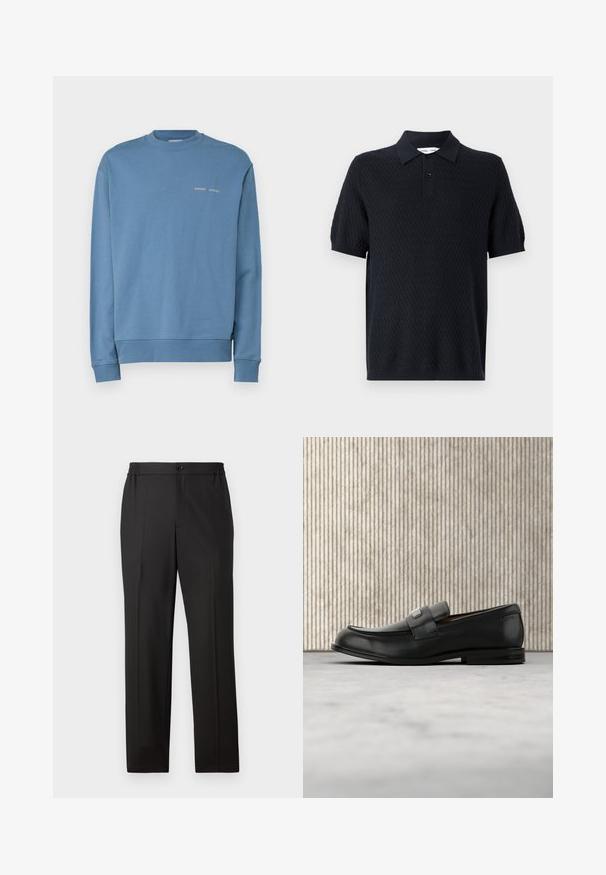 Μπλε φούτερ με στρογγυλή λαιμόκοψη, κατασκευασμένο από μαλακό ύφασμα, με ριμπ μανσέτες και στρίφωμα. Δύο μικρές κεντητές λέξεις "SAMSOE SAMSOE" στο στήθος.; Μαύρο πόλο μπλουζάκι με υφασμάτινο ζιγκ-ζαγκ σχέδιο, κοντά μανίκια και κολάρο με δύο κουμπιά. Κατασκευασμένο από αναπνεύσιμο ύφασμα.; Μαύρο παντελόνι με ίσια γραμμή, ελαστική μέση με κλείσιμο κουμπιού, επίπεδο μπροστινό μέρος και λεία υφή υφάσματος.; Μαύρο δερμάτινο μοκασίνι με μεταλλική πλάκα μάρκας που ακουμπά δίπλα σε καφέ στρογγυλό τραπέζι πάνω σε μπεζ χαλί.