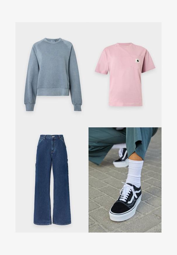 Μπλε βαμβακερή μπλούζα crewneck με ριμπ μανσέτες και στρίφωμα. Διαθέτει χαλαρή εφαρμογή και ρακλάν μανίκια, με μαλακή υφή για άνεση.; Ανοιχτό ροζ κοντομάνικη μπλούζα με τσέπη στο αριστερό στήθος που έχει ένα μικρό λογότυπο της Carhartt.; Τζιν παντελόνι από σκούρο μπλε denim με ψηλή μέση, φαρδύ παντελόνι, μπροστινές τσέπες, πλαϊνές τσέπες χρήσης και κούμπωμα με κουμπί και φερμουάρ.; Μαύρο σουέτ sneaker με λευκές λεπτομέρειες και κορδόνια, με παχύ λευκό πάτο και αντίθετη ραφή, συνοδευόμενο από λευκή κάλτσα.