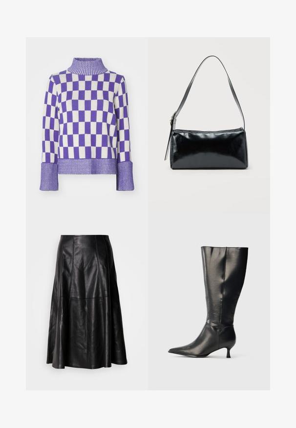 Pull en tricot avec un motif de damier violet et blanc, col roulé à côtes hautes et larges poignets côtelés.; Jupe en cuir noir avec une silhouette évasée, présentant des coutures visibles et une texture lisse. Conception mi-longue avec une coupe classique.; Botte en cuir noire montant jusqu'au genou, avec un bout pointu et un petit talon bas, présentée sur un fond clair uni.; Sac d'épaule rectangulaire noir avec une sangle réglable unique et une fermeture éclair supérieure sur un fond uni.