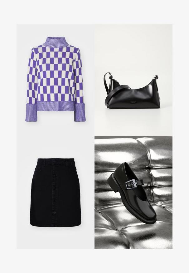Pull en tricot avec un motif de damier violet et blanc, col roulé à côtes hautes et larges poignets côtelés.; Jupe en denim noir avec fermeture à boutons sur le devant, deux poches, une coupe droite et un ourlet net. Fabriquée dans un tissu solide avec une texture lisse.; Chaussure Mary Jane en cuir noir avec un bout carré, un accent de boucle en argent et un talon bas épais, sur un fond argenté brillant.; Sac à main en cuir noir avec une texture lisse. Dispose d'une bandoulière adjustable et d'un design élégant et minimaliste avec une fermeture éclair.