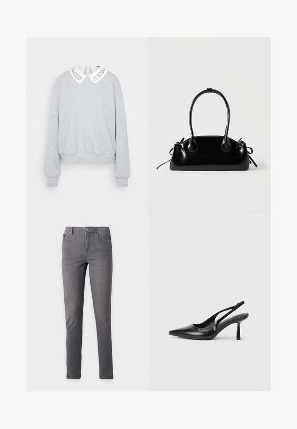 Sweatshirt gris à manches longues, avec un ourlet arrondi et un col blanc arborant un design de rayures argentées. Texture de tissu douce.; Jean en denim gris slim fit avec bouton devant, fermeture éclair, passants pour ceinture et design à cinq poches, présenté sur un fond clair uni.; Chaussure à talon haut en cuir noir, à bride arrière, avec un bout pointu et un talon fin sur fond blanc.; Petit sac à main noir brillant avec deux longues anses et des détails à cordon sur les côtés sur un fond clair uni.
