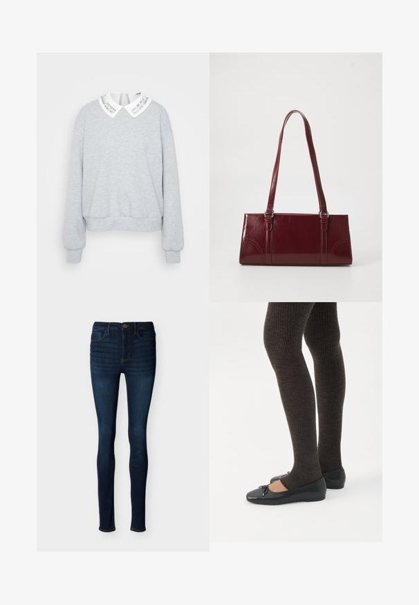 Grijze sweatshirt met lange mouwen, een ronde zoom en een witte kraag met een zilveren streepdesign. Zachte stoftextuur.; Donkerblauwe skinny jeans met knopen en ritssluiting aan de voorkant, vijfzakkenontwerp en zichtbare stiknaden op een effen witte achtergrond.; Benen met donkere geribbelde leggings gecombineerd met zwarte ballerina's met kleine strikdetails op een witte achtergrond.; Bourgondische handtas van glanzend materiaal, rechthoekige vorm, met twee schouderbanden en subtiele gebogen accenten aan de voorkant.