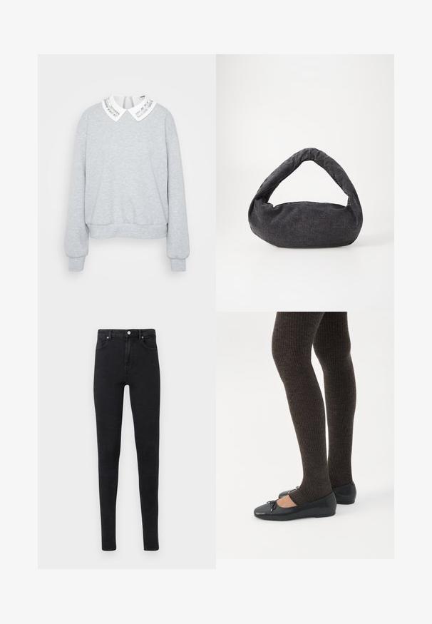 Sweatshirt gris à manches longues, avec un ourlet arrondi et un col blanc arborant un design de rayures argentées. Texture de tissu douce.; Jean skinny noir taille haute avec poches avant, passants de ceinture et fermeture à bouton sur un fond clair uni.; Jambes portant des leggings côtelés foncés associés à des ballerines noires avec de petits détails en nœud sur fond blanc.; Sac en tissu gris foncé avec une anse courbée, texture douce et forme arrondie. Pas de matériel ou d'embellissements visibles.