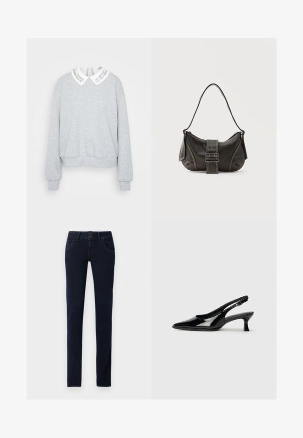 Grauer Sweatshirt mit langen Ärmeln, abgerundetem Saum und einem weißen Kragen mit silberner Streifenmusterung. Weicher Stoff.; Dunkelblaue Jeans im Slim-Fit mit Fünf-Taschen-Design, doppeltem Knopfverschluss und dezentem, ausgewaschenem Look entlang der Oberschenkel.; Schwarze Lackleder Slingback-Schuhe mit spitzem Zehenbereich und niedrigem Blockabsatz. Verstellbarer Riemen mit Schnalle am Knöchel.; Schwarze Leder-Schultertasche mit Schnallengurt-Detail, abgerundeten Kanten und kontrastierenden weißen Nähten auf schlichtem Hintergrund.