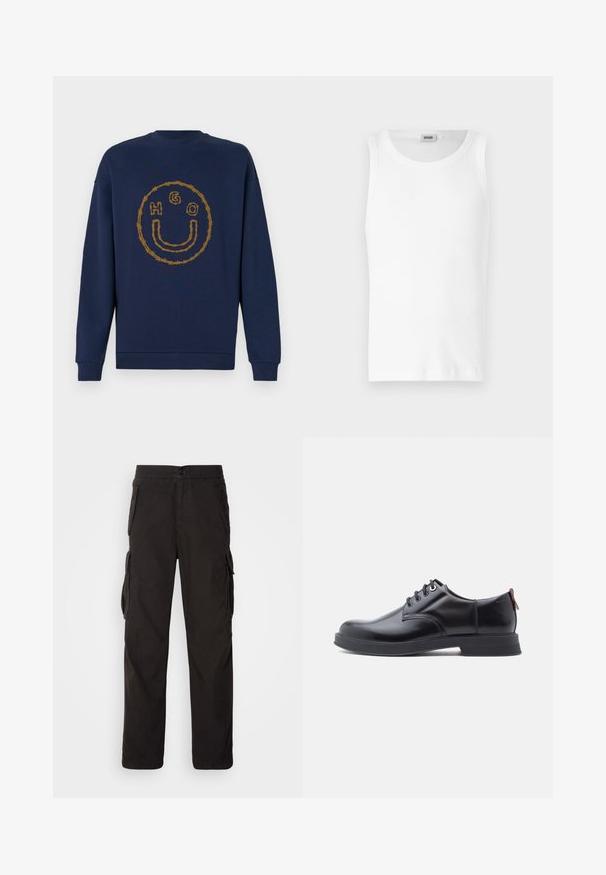 Marineblaue Sweatshirt mit einem Dornendrahtdesign, das ein Smiley-Gesicht bildet, und den Buchstaben H, G und O innerhalb des Kreises auf der Brust.; Weißes Baumwoll-Tanktop ohne Ärmel mit Rundhalsausschnitt und glatter Textur. Einfaches Design, ohne Muster oder Akzente.; Schwarze Cargo-Hose mit geradem Schnitt, elastischem Bund, mehreren Seitentaschen und einem strukturierten Stoff für hohe Langlebigkeit.; Schwarze Leder-Schnürschuhe mit glatter Textur, rundem Zehenbereich und dezenten Ziernähten. Mit einem roten Laschenband an der Ferse.