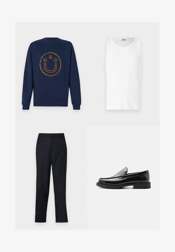 Sweat-shirt bleu marine avec un motif de barbelés formant un visage souriant et les lettres H, G et O à l'intérieur du cercle sur la poitrine.; Débardeur en coton blanc sans manches avec un col rond et une texture lisse. Design simple, sans motifs ni accents.; Pantalon bleu marin en tissu lisse, avec un design à jambe droite, une fermeture à bouton unique et de légères plis avant.; Mocassin en cuir noir avec semelle en caoutchouc épaisse, dessus cousu et nom de marque embossé sur le talon, présenté de profil sur fond blanc.