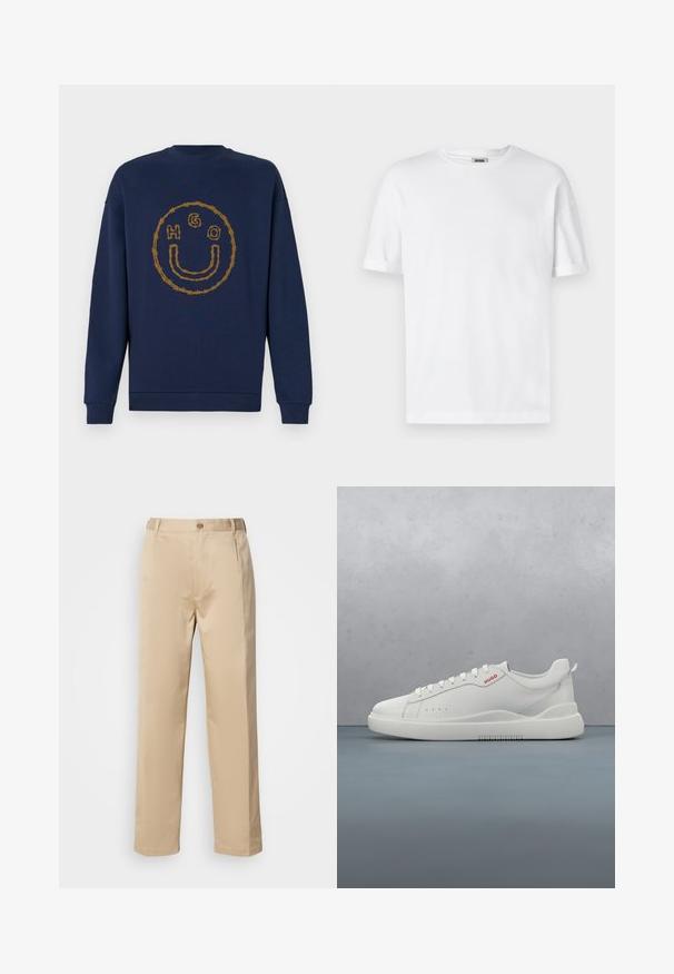Sweat-shirt bleu marine avec un motif de barbelés formant un visage souriant et les lettres H, G et O à l'intérieur du cercle sur la poitrine.; T-shirt en coton blanc avec un col rond, des manches courtes et des revers roulés ; design sobre, texture douce et coupe droite.; Pantalons beiges en tissu léger, avec une coupe droite, une taille avec passants de ceinture et une fermeture à bouton sur le devant.; Sneaker blanche avec une finition en cuir lisse, bout rond, quatre œillets, perforations subtiles et un détail de logo rouge sur le côté.
