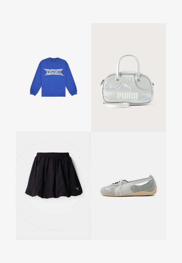 Sweatshirt bleu à manches longues en coton, ornée d'un design graphique en texte blanc audacieux sur le devant, avec un col et des poignets côtelés.; Jupe de sport noire avec une taille élastique, ornée de panneaux blancs sur les côtés et d'un petit logo au bas. Fabriquée en tissu léger.; Chaussure plate en daim Puma gris clair avec logo blanc, lacets à l'avant, côtés découpés et semelle beige texturée, vue du côté extérieur.; Petit sac à main Puma argent métallisé avec deux poignées supérieures, une longue bandoulière, logo sur le devant et fermeture zippée sur fond uni clair.
