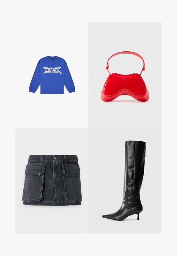 Sweatshirt bleu à manches longues en coton, ornée d'un design graphique en texte blanc audacieux sur le devant, avec un col et des poignets côtelés.; Jupe en denim noir avec une taille ajustée, fermeture à boutons, deux grandes poches avant et des détails de coutures contrastantes.; Botte en cuir noir hautes jusqu'au genou avec un bout pointu et un talon fin et courbé. Texture lisse, design ajusté, sans matériel ni motifs visibles.; Sac en cuir verni rouge avec une forme incurvée et ergonomique, doté d'une fine sangle réglable et d'un discret logo sur le devant.