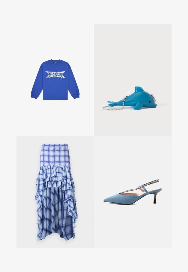 Chemise bleue à manches longues avec texte blanc déformé "WRSTBHVR" sur la poitrine et poignets côtelés aux poignets.; Jupe à carreaux bleus avec des volants superposés, comportant des nuances de bleu et des motifs à carreaux bleus et blancs. Tissu léger, design longueur cheville.; Escarpin slingback bleu à bout pointu et talon kitten avec bride noire comportant le texte blanc « Love Moschino » sur fond clair.; Pochette bleue en forme de dauphin avec bandoulière chaîne argentée posée sur une surface blanche, avec un petit détail œil noir et le nom de la marque sur la nageoire.