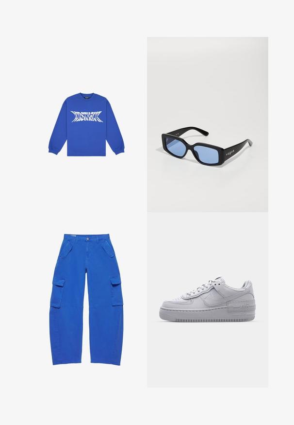 Chemise bleue à manches longues avec texte blanc déformé "WRSTBHVR" sur la poitrine et poignets côtelés aux poignets.; Pantalon cargo bleu avec grandes poches à rabat sur les cuisses et poches inclinées près de la taille, fermeture par bouton et fermeture éclair.; Basket en cuir lisse gris Nike Air Force 1 avec un bout perforé, une semelle épaisse et un détail 'AIR' en relief sur le talon.; Lunettes de soleil rectangulaires noires avec des verres bleus, dotées d'une monture épaisse et de la marque "vogue" en blanc sur les côtés. Fini brillant.