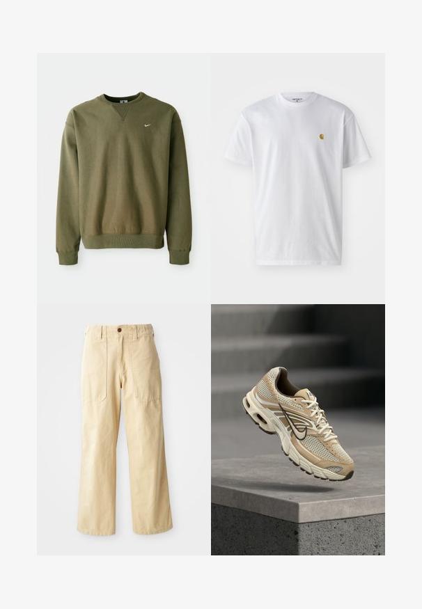Oliivinvihreä Nike-huppari, jossa on pyöreä kaula-aukko ja resorihihansuut, esillä yksinkertaisen valkoisen taustan edessä.; Valkoinen puuvillapaita lyhyillä hihoilla, pyöreä kaula-aukko, jossa on pieni kultainen logo vasemmassa rintapielessä. Pehmeä kangas ja normaali istuvuus.; Beige leveled pants yang terbuat dari katun. Memiliki pinggang tinggi, dua kantong depan dengan desain datar, dan penutupan dengan satu kancing.; Beige ja valkoinen Nike juoksukenkä, jossa verkkopaneelit ja musta swoosh-logo, kelluu betonireunuksen yllä, taustalla sumeat portaat.