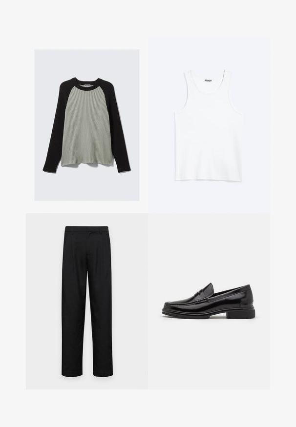 Pull côtelé vert et noir à manches longues, col rond, tissu texturé et couleurs contrastées. Style décontracté, coupe ample.; Débardeur blanc sans manches avec col rond et étiquette de la marque Weekday à l'intérieur du col arrière, présenté à plat sur un fond clair.; Pantalons noirs en tissu lisse, avec une coupe droite, deux plis avant et une taille standard avec passants de ceinture.; Mocassins en cuir noir avec un embout arrondi, présentant un détail cousu sur le dessus, et un petit talon carré. Texture lisse et finition brillante.
