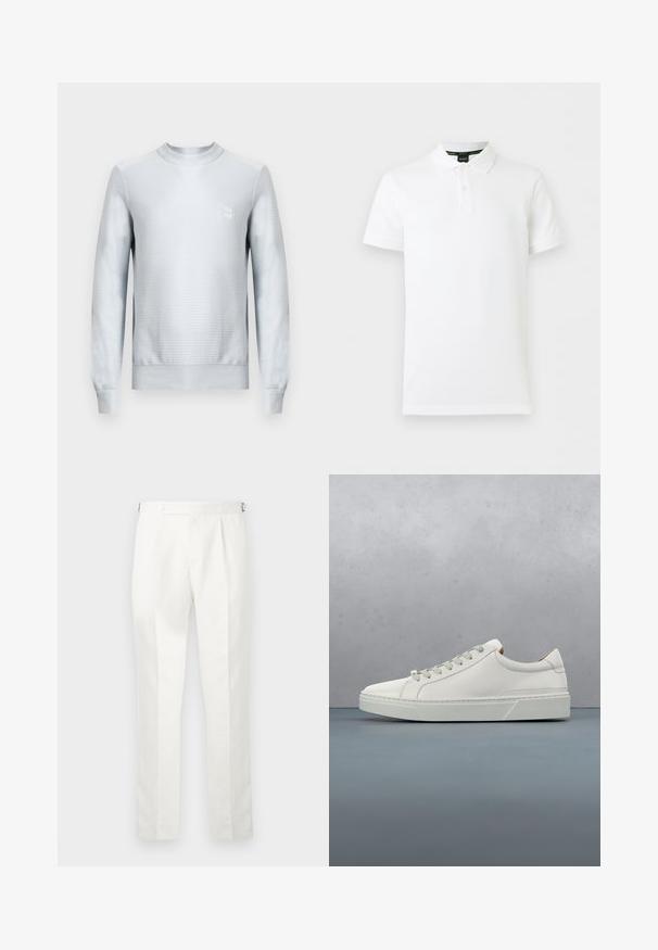 Lichtgrijze sweatshirt van gestructureerde stof met lange mouwen, ronde halslijn en een vierkante logopatch op de borst. Platte zoom.; Wit poloshirt met korte mouwen, een kraag en een tweeknops placket, met een subtiel logo op de linkerborst.; Witte, op maat gemaakte broek met voorplooien en verstelbare zijknoppen, hangend tegen een effen achtergrond.; Witte leren sneaker met een ronde neus, minimalistisch ontwerp, grijze veters en een gestructureerde grijze rubberen zool. Fijne stikdetails zichtbaar.
