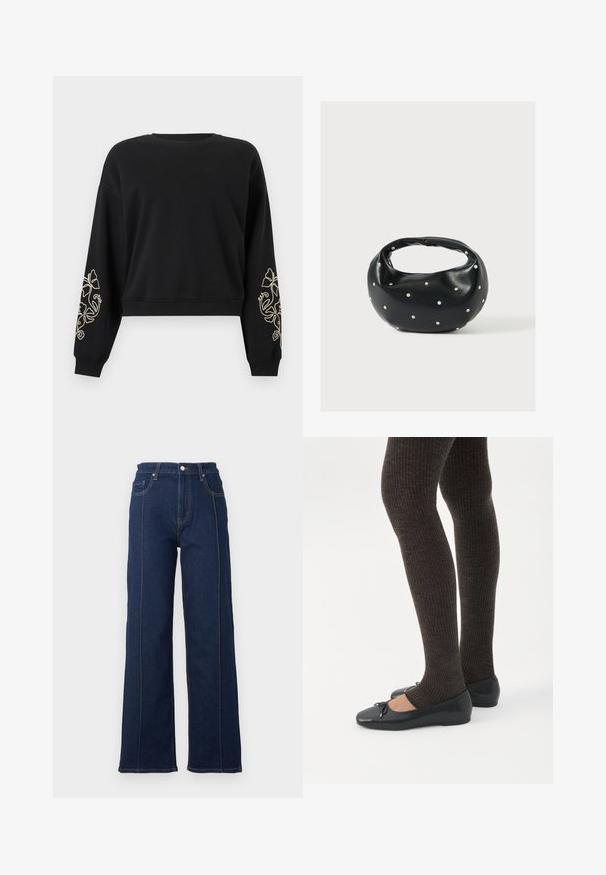 Sweat-shirt court noir à manches longues avec poignets et ourlet côtelés, orné de broderies florales beiges sur les deux avant-bras.; Jean large en denim bleu foncé avec des coutures visibles, taille haute et cinq poches. Présente une fermeture à bouton et à glissière à l'avant.; Jambes portant des leggings côtelés foncés associés à des ballerines noires avec de petits détails en nœud sur fond blanc.; Sac à main en cuir noir de forme arrondie, décoré de clous argentés et équipé d'une poignée courte. Texture lisse et fermeture éclair.