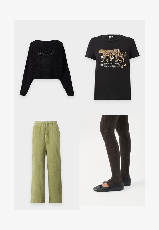 Sort strikket croppet sweater med lange ærmer, der har en åbent vævet tekstur og en bred halsudskæring. Ribbet kant forneden og ved ærmeenderne.; Sort bomulds T-shirt med leopardprint design og gyldne accenter. Har teksten "BLIV VILDE OG FRIE, men vær anderledes" under.; Grønne fløjl bukser med vidde, elastisk talje og snøre detaljer. Lodrette ribber i stoffet skaber tekstur.; Ben iført mørke ribbede leggings kombineret med sorte balletsko med små sløjfedetaljer på hvid baggrund.