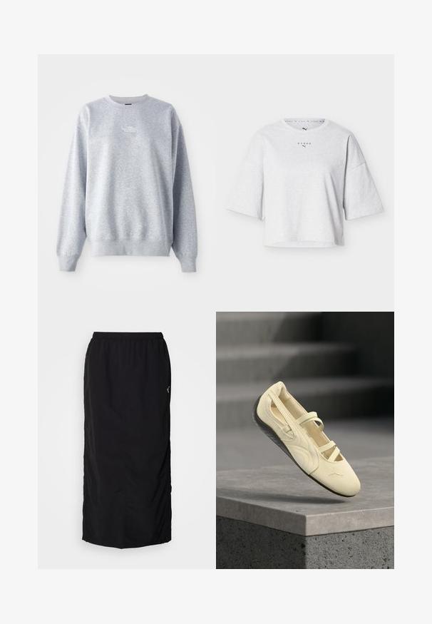 Grå sweatshirt med lange ærmer, rund halsudskæring, ribbede manchetter og kant. Har et lille hvidt logo på brystet. Materialet er en blanding af bomuld.; Lysegrå afkortet T-shirt med brede, korte ærmer og "HYROX" samt Puma-logo placeret centralt under rund halsudskæring.; Sort atletisk nederdel med elastisk talje, der har sideskaller for nem bevægelse og minimal mærkning på højre side.; Cremefarvet balletsko med sort sål og elastiske remme, der er udstillet på en grå betonplatform med sløret baggrund af trin.