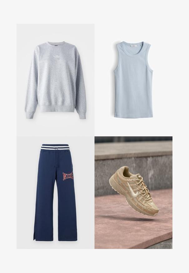 Grijze sweatshirt met lange mouwen, ronde halslijn, ribgebreide boorden en zoom. Bevat een klein wit logo op de borst. Gemaakt van een katoenmix.; Lichtblauw geribd mouwloos tanktopje met ronde halslijn en subtiele golvende rand bij de kraag en armsgaten.; Navyblauwe sweatpants met wijde pijpen, een witte gestreepte elastische tailleband, trekkoord, zijopeningen en een rood "NIKE"-logo op de linker dij.; Beige Nike-sneaker met wit swoosh-logo, een bovenwerk van mesh en leer, zwevend boven een roze betonnen oppervlak met een grijze stenen achtergrond.