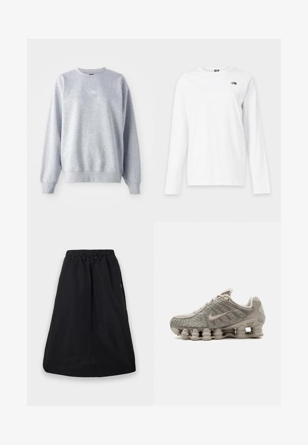 Sweat-shirt gris à manches longues, col rond, avec des poignets et un ourlet côtelés. Présente un petit logo blanc sur la poitrine. Matière en mélange de coton.; T-shirt blanc à manches longues avec col rond et petit logo noir The North Face sur le côté gauche de la poitrine.; Jupe trapèze noire avec ceinture élastique et cordon de serrage ajustable, longueur genou, design uni avec poches latérales.; Baskets Nike Shox beige clair avec semelle amortissante visible en forme de colonne et détails en mesh sur la tige.