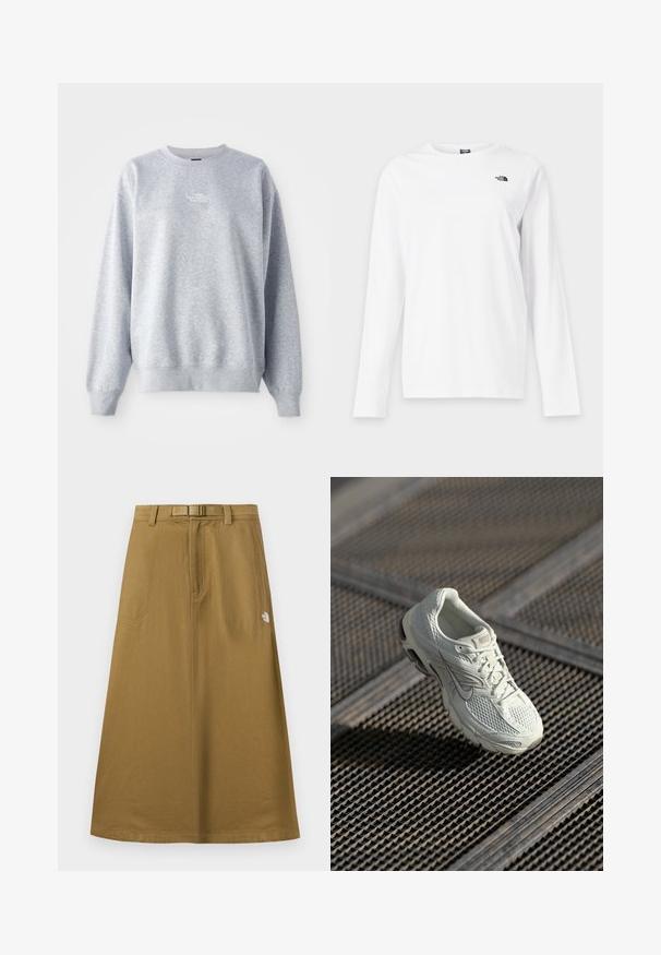 Grå sweatshirt med lange ærmer, rund halsudskæring, ribbede manchetter og kant. Har et lille hvidt logo på brystet. Materialet er en blanding af bomuld.; Hvid langærmet T-shirt med rund hals og lille sort The North Face-logo på venstre bryst.; Lang, lysebrun udendørsskjørt med forlommer, integreret bælte og The North Face-logo på højre side.; Hvide Nike løbesko med overdel i mesh og syntetisk materiale, som hviler på metalristgulv i blødt naturligt lys.