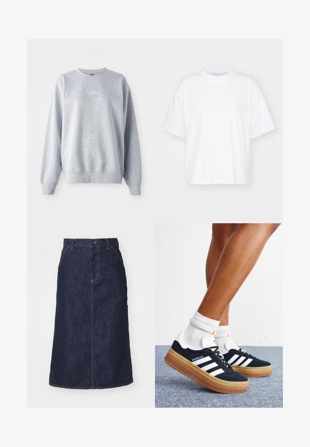 Hanorac gri cu mâneci lungi, decolteu rotund, cu mansete și tiv din tricot. Prezintă un mic logo alb pe piept. Material din amestec de bumbac.; Tricou din bumbac alb, cu guler rotund, mâneci scurte și o croială lejeră. Are un logo discret pe zona superioară stângă a pieptului. Textură netedă.; Fustă din denim închis, cu talie înaltă, croi drept, buzunare frontale și cusături. Include un fermoar și un nasture la talie.; Picioare purtând șosete albe și adidași negri Adidas Gazelle cu dungi albe și tălpi groase maro pe un covor gri.