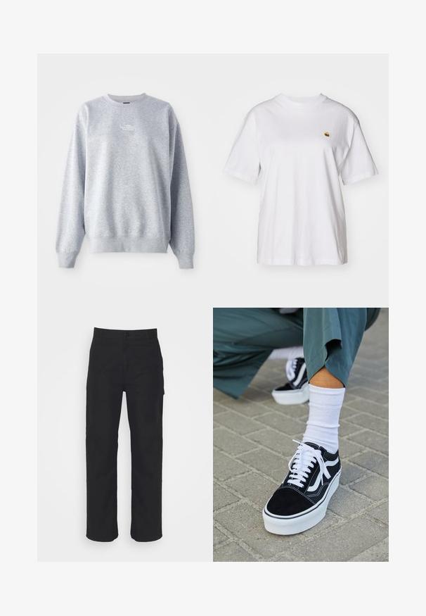 Grijze sweatshirt met lange mouwen, ronde halslijn, ribgebreide boorden en zoom. Bevat een klein wit logo op de borst. Gemaakt van een katoenmix.; Witte katoenen t-shirt met een relaxte pasvorm, korte mouwen en een klein geborduurd logo op de linkerborst.; Zwarte katoenen broek met een rechte pasvorm, knoopsluiting en riemlussen. Heeft een klassiek ontwerp zonder zichtbare zakken.; Zwarte suède sneaker met witte accenten en veters, uitgerust met een dikke witte zool en contrasterende stiksels, gecombineerd met een witte sok.
