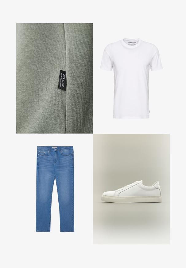 Lys grøn stof med en glat tekstur, der har et sort mærke med teksten "ONLY & SONS." Stoffet viser fine strikkemønstre.; Hvid t-shirt med korte ærmer lavet af bomuld, med en rund hals og et enkelt design. Brandtag synlig på halsområdet. Ingen mønstre eller accenter.; Lyseblå denimjeans med lige ben, femlommes design, subtil falming og metalbeslag ved taljen og lommerne.; Hvid lavtop sneaker med snørebånd foran og tyk sål, vist fra siden mod en neutral baggrund.