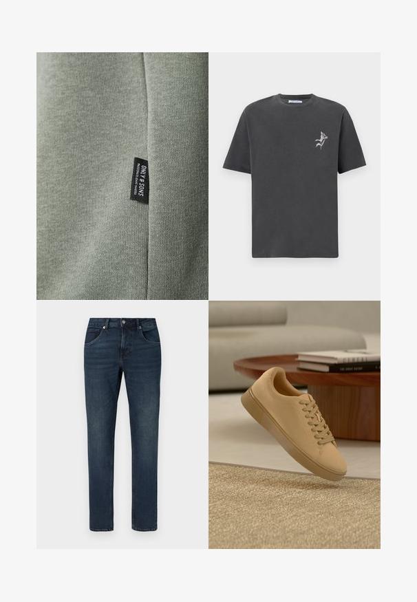 Lys grøn stof med en glat tekstur, der har et sort mærke med teksten "ONLY & SONS." Stoffet viser fine strikkemønstre.; Mørkegrå kortærmet t-shirt lavet af bomuld, med en lille hvid blomsterbroderi på venstre brystområde. Rund halsudskæring, afslappet pasform.; Mørkeblå slim-fit denimjeans med lommer foran og bagpå, knaplukning og diskret falming i hele stoffet.; Beige snørestøvler, der svæver over et tekstureret tæppe med et træ sofabord og stablede bøger i en sløret baggrund.