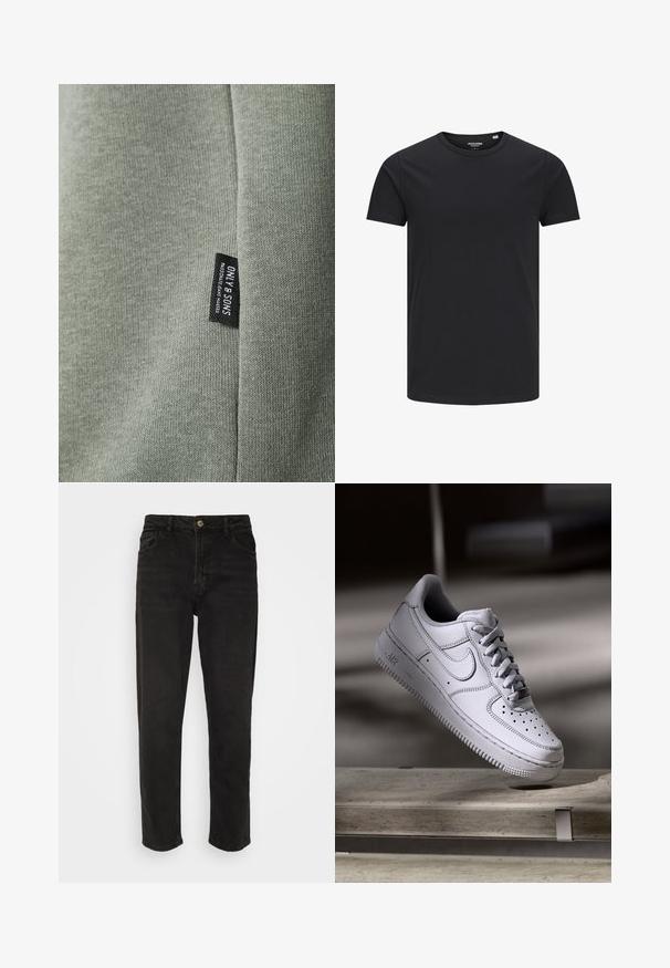 Lys grøn stof med en glat tekstur, der har et sort mærke med teksten "ONLY & SONS." Stoffet viser fine strikkemønstre.; Sort bomulds T-shirt med rund hals, korte ærmer og et enkelt design. Glat tekstur, ingen mønstre eller synligt tilbehør.; Sorte denim jeans med lige ben, høj talje, knaplukning og fire lommer. Har et klassisk fem-lomme design.; Hvid læder Nike Air Force 1 sneaker med perforeret tå, flade snørebånd og tekstureret gummisål med "AIR" branding på siden.