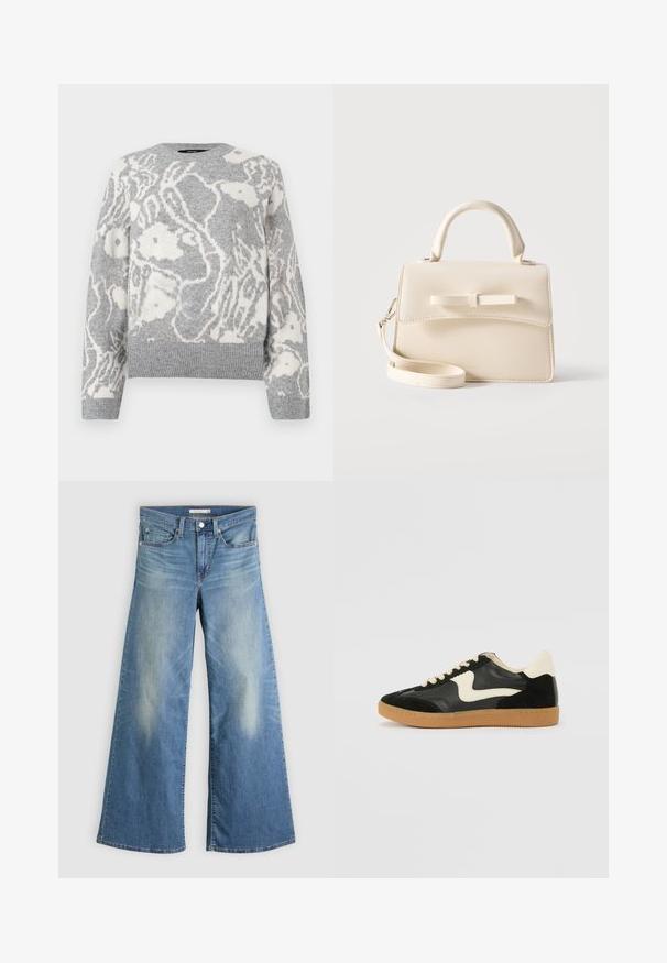 Grijze gebreide trui met een wit bloemenpatroon, ronde hals, en geribde manchetten en zoom, gemaakt van een zachte stof.; Lichtblauwe wijde jeans gemaakt van denim. Heeft een hoge taille, voorzakken en vervaging langs de dijen. Detail met onafgewerkte zoom.; Zwarte suède en leren sneaker met een crèmekleurige zij-swoosh en lichte crèmekleurige hiel. Voorzien van beige veters en een gumrubberen zool.; Kleine beige handtas met bovenhandvat, afneembare riem, voorflap en decoratieve horizontale strik op een effen achtergrond.