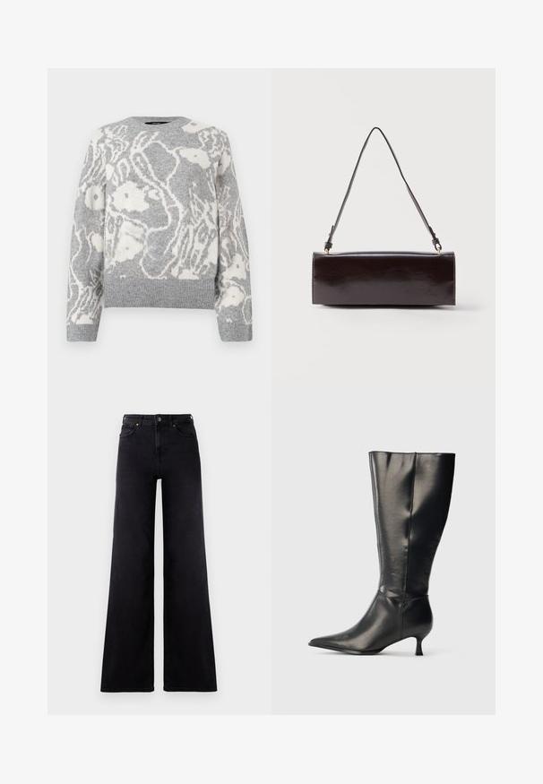 Grå strikket sweater med et hvidt blomstermønster, rund halsudskæring og ribbede manchetter og kant, fremstillet af blødt materiale.; Højtaljede sorte wide-leg jeans med frontlommer, bælteløkker og knappelukning.; Sort knæhøj læderstøvle med spids tå og lav kittenhæl, vist på en enkel lys baggrund.; Rektangulær sort læderhåndtaske med en enkelt lang rem og blank finish, vist mod en ensfarvet hvid baggrund.