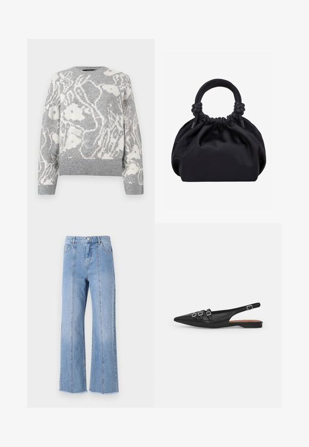 Pull en maille gris avec un motif floral blanc, col rond, et bords-côtes aux poignets et à l'ourlet, fabriqué dans un matériau doux.; Jean large en denim bleu clair avec taille haute, coutures avant et ourlet brut. Présente une fermeture à bouton et à glissière classique à la taille.; Chaussure plate noire en cuir avec un bout pointu, dotée de deux lanières horizontales et de boucles carrées en argent, avec un faible talon et une texture lisse.; Sac à main en tissu noir doux avec haut froncé et poignées circulaires rembourrées nouées de chaque côté.