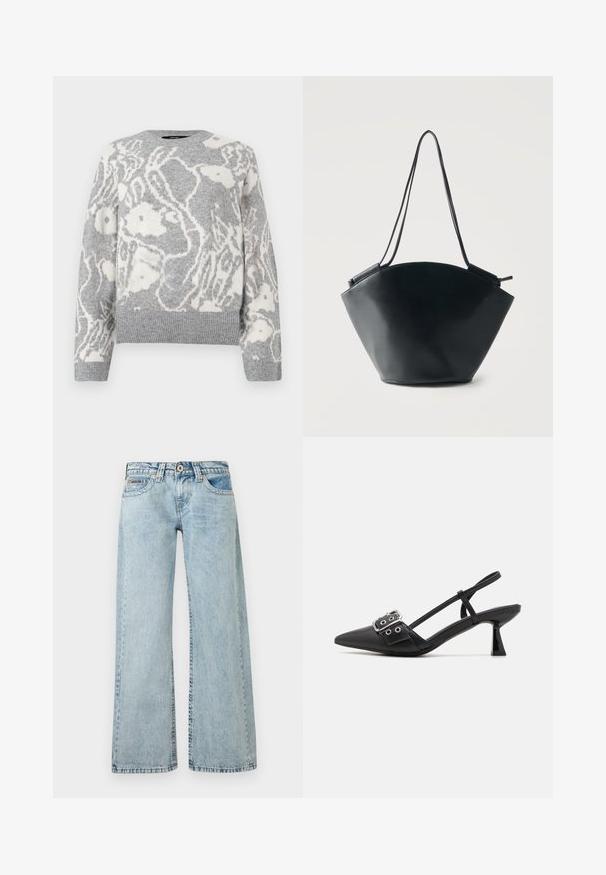 Grå strikket sweater med et hvidt blomstermønster, rund halsudskæring og ribbede manchetter og kant, fremstillet af blødt materiale.; Lyseblå jeans med høj talje og vide ben, med knap- og lynlåslukning, for- og baglommer samt synlige syninger.; Simmi London DALA - Pumps - black; Sort læder bucket taske med bred afrundet bund og smalle dobbelte skulderstropper mod en ensartet lys baggrund.