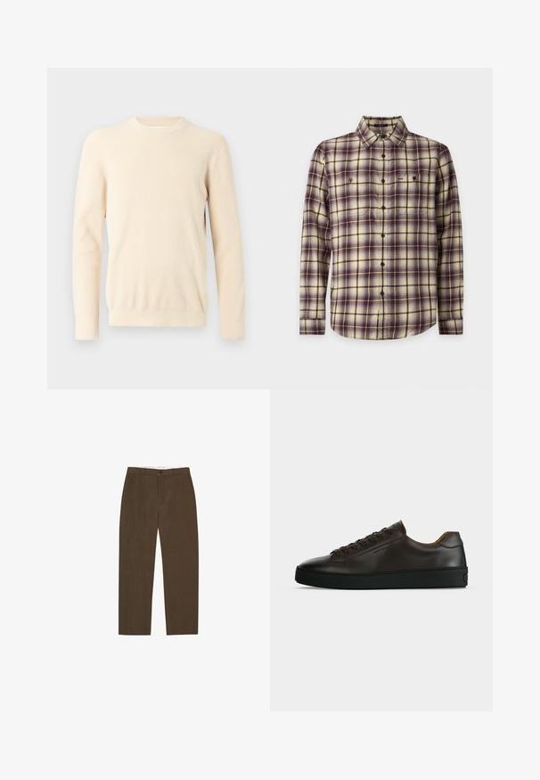 Pull à manches longues en tricot côtelé de couleur crème, avec encolure ronde et poignets ajustés, présenté sur un fond blanc uni.; Chemise à manches longues boutonnée avec motif à carreaux violet, crème et marron et deux poches poitrine sur fond blanc.; Pantalon marron à jambes droites avec passants de ceinture, bouton à l'avant et poches latérales, présenté sur fond blanc.; Baskets basses en cuir marron foncé avec semelle en caoutchouc noire, lacets à l'avant et design minimaliste épuré sur fond clair.