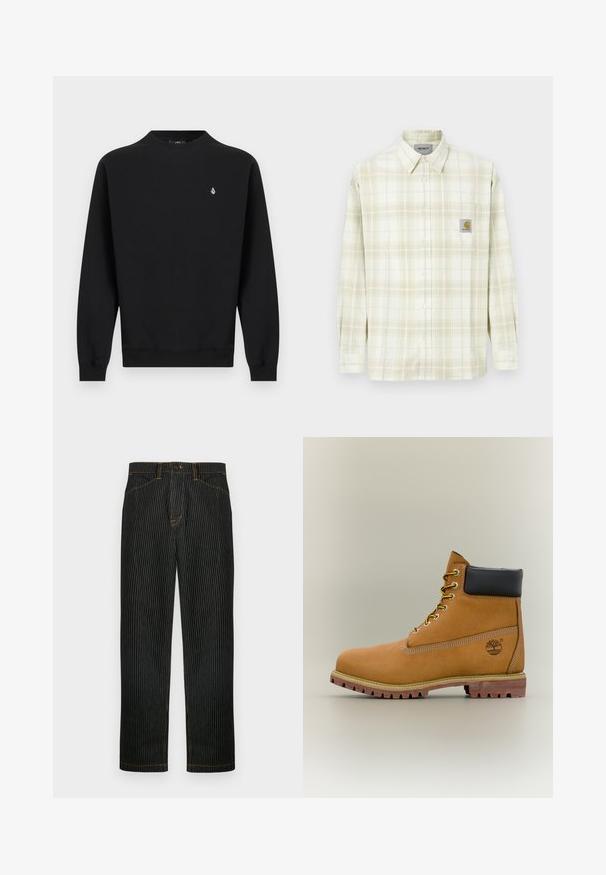 Sweat-shirt noir à manches longues avec col rond, poignets et ourlet côtelés, avec un petit logo blanc sur le côté gauche de la poitrine.; Chemise à carreaux de couleur claire avec des manches longues, un devant à boutons et une poche poitrine avec un patch logo. Matière en coton au toucher doux.; Pantalon rayé noir en denim, avec des coutures orange et une coupe droite. Comprend une fermeture par bouton à l'avant et des passants pour ceinture.; Bottine en cuir marron avec col noir, lacets jaunes et semelle beige. Présente un logo et des détails de couture blanche. Semelle extérieure à traction robuste.