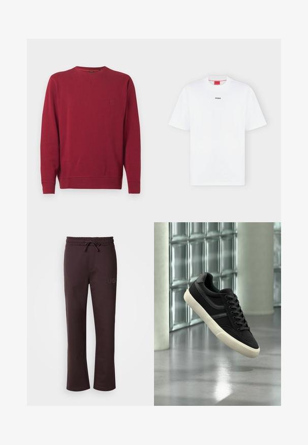 Sweat-shirt rouge en tissu doux avec un col rond, des manches longues et un petit patch logo sur la poitrine. Texture lisse partout.; T-shirt blanc à manches courtes avec petit logo noir "HUGO" centré sur la poitrine et une étiquette rouge à l'intérieur du col.; Pantalon de survêtement marron foncé avec une taille élastique, un cordon de serrage, des poches latérales et le logo "HUGO" imprimé sur la jambe gauche. Texture douce.; Baskets basses noires avec semelle et lacets blancs, de la marque "BOSS", flottant à l'intérieur près de fenêtres en blocs de verre et de piliers en béton.