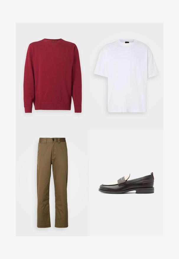 Sweat-shirt rouge en tissu doux avec un col rond, des manches longues et un petit patch logo sur la poitrine. Texture lisse partout.; T-shirt en coton blanc avec un col rond, des manches courtes et une coupe décontractée. Les coutures épaules texturées ajoutent un détail supplémentaire.; Pantalon marron à jambe droite en tissu tissé. Avec fermeture à bouton, poches latérales et texture lisse. Coupe ajustée.; Mocassin homme en cuir marron foncé avec panneau en tissu écru et détail classique de bride cousue, semelle plate et languette au talon.